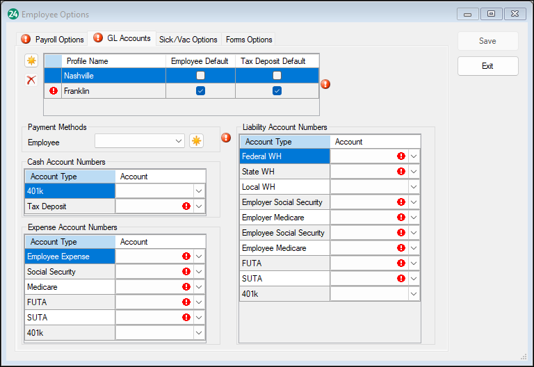 Employee Options GL Accounts tab